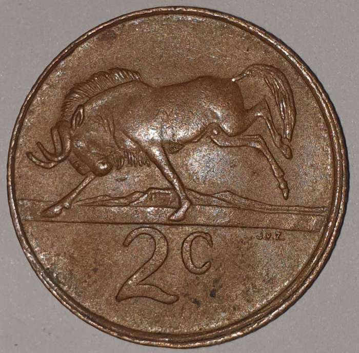 1982 - 2 CENT COIN (TWO CENT COIN) - RSA - BRONZE - KM#83 - BILINGUAL LEGEND - WILDEBEEST